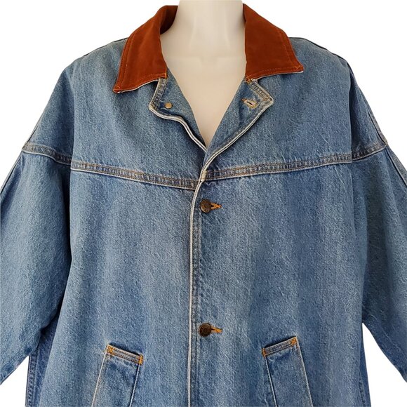 VTG SUNBELT Western Denim Duster Coat Women's M/L Tooled Leather Button Pockets - Picture 5 of 14